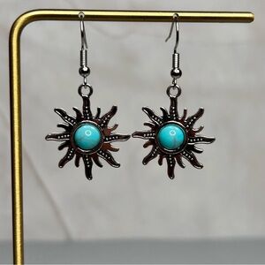 Sunburst Silver Tone Turquoise Stone Earrings